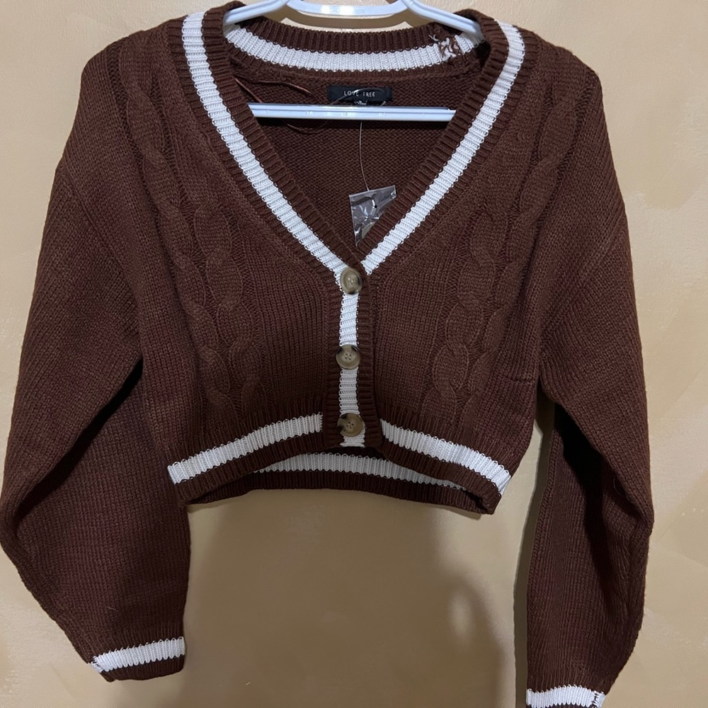 NEW Love Tree Brown and White Cable Knit Cropped Cardigan